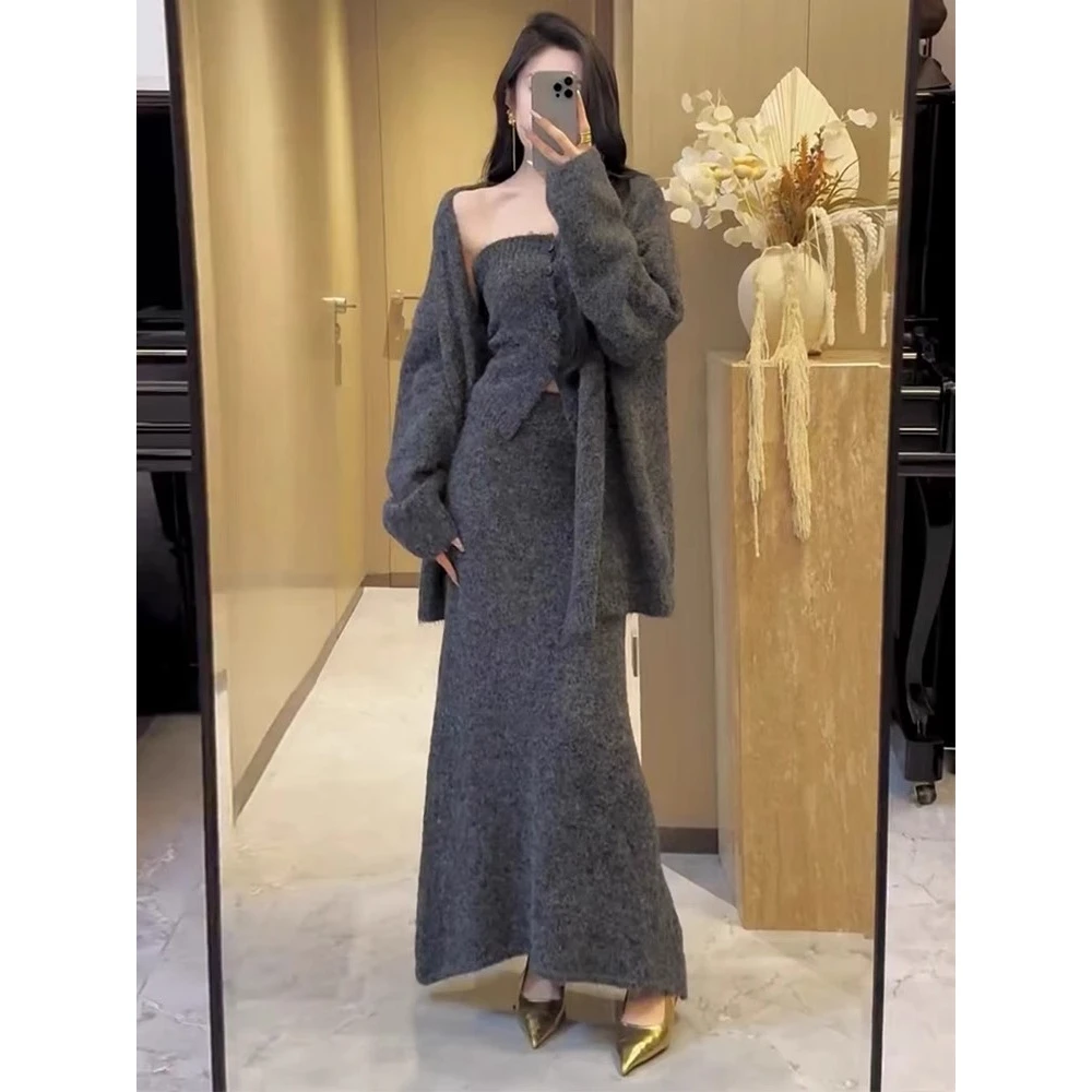 复古名媛风三件套女秋季新款韩版抹胸背心针织毛衣开衫半身裙EQ20