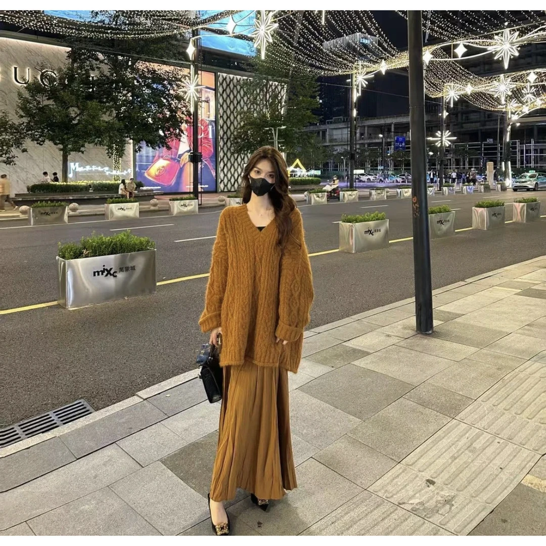 秋冬v领宽松慵懒风重工毛衣上衣半身裙两件套女EQ20