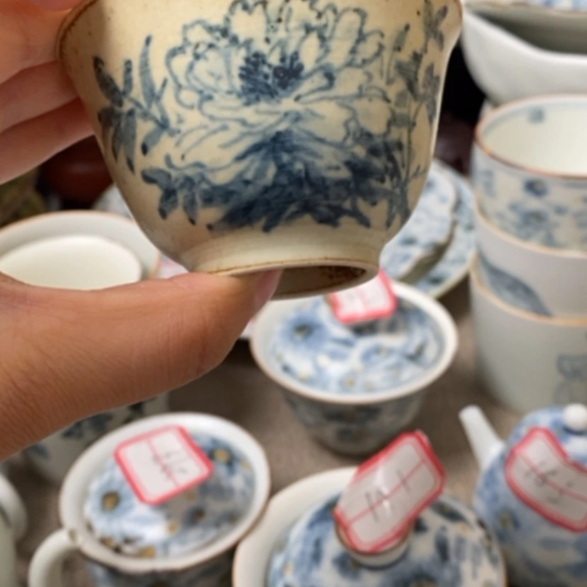 【闪购商品】杯高古青花牡丹花茶杯手作