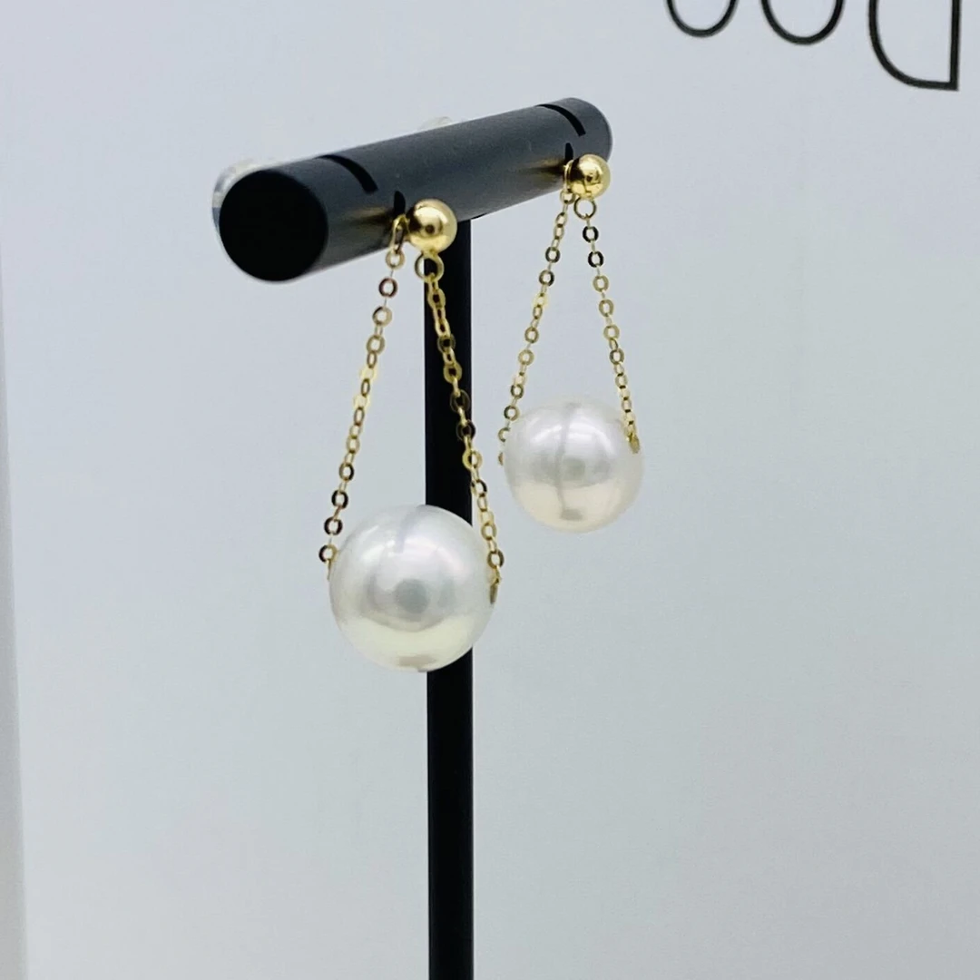 白色18K金大风吹耳线秋千淡水真珍珠9.5-10mm一款三戴流苏仙女款