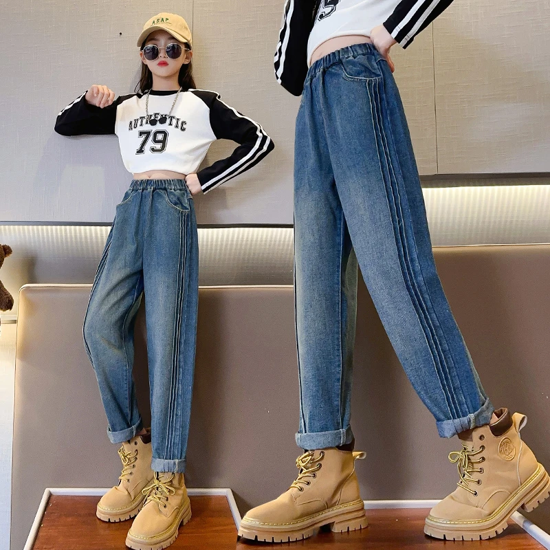 女童牛仔裤春秋装哈伦裤子洋气儿童秋季休闲时尚中大童宽松老爹裤