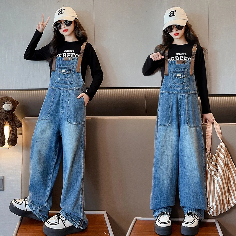 女童秋装套装2023新款儿童网红春秋时髦洋气女孩牛仔背带裤两件套