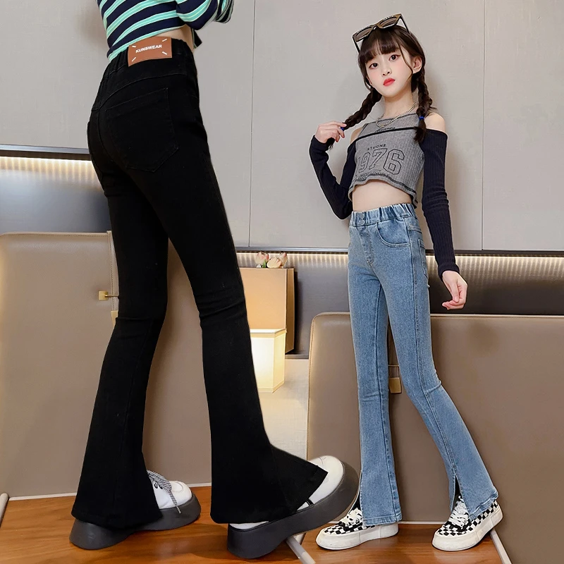 女童牛仔裤春秋装外穿洋气儿童中大童弹力高腰时尚秋款微喇叭裤子