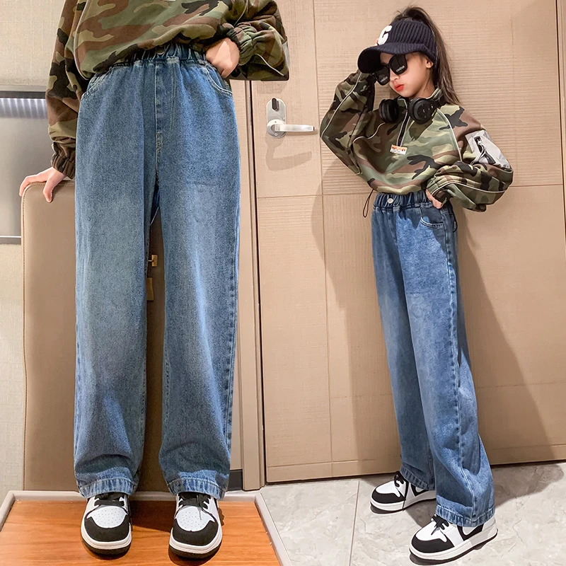 女童牛仔阔腿裤春秋外穿新款洋气儿童宽松宝宝秋季百搭直筒长裤子