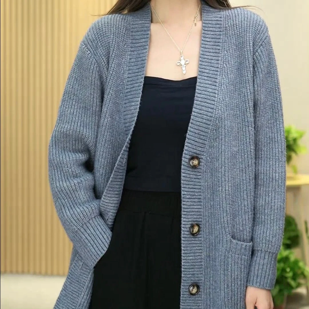 【GZFR】秋冬简约元宝针纯色休闲百搭宽松遮肉显瘦V领羊毛针织开衫