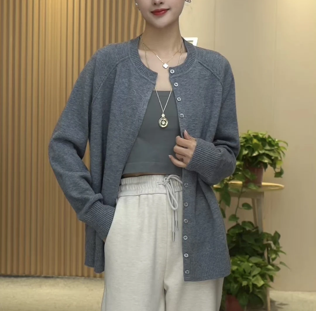 【GZFR】新款纯色精致小香风外套气质百搭休闲宽松圆领针织羊毛开衫