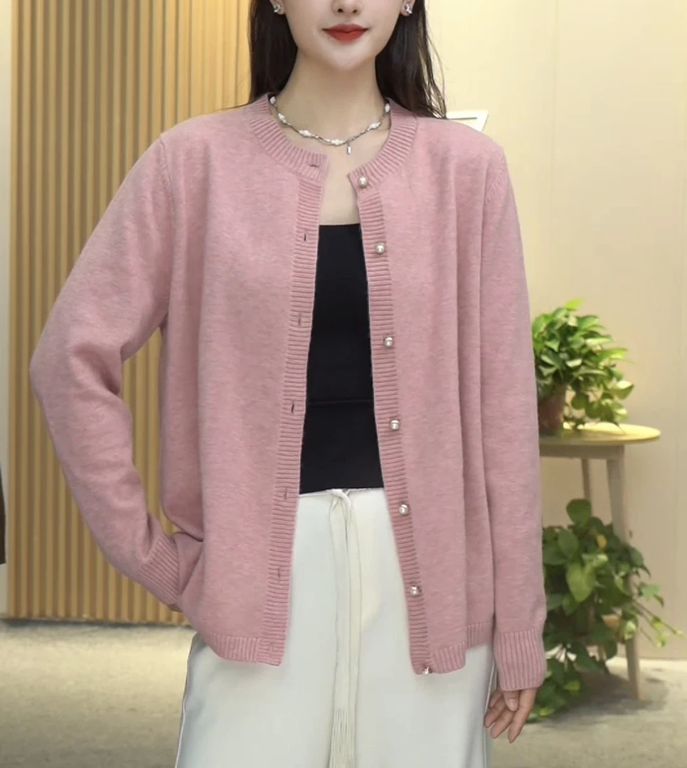 【USU】】新款纯色小香风长袖外套气质百搭休闲宽松圆羊毛针织开衫