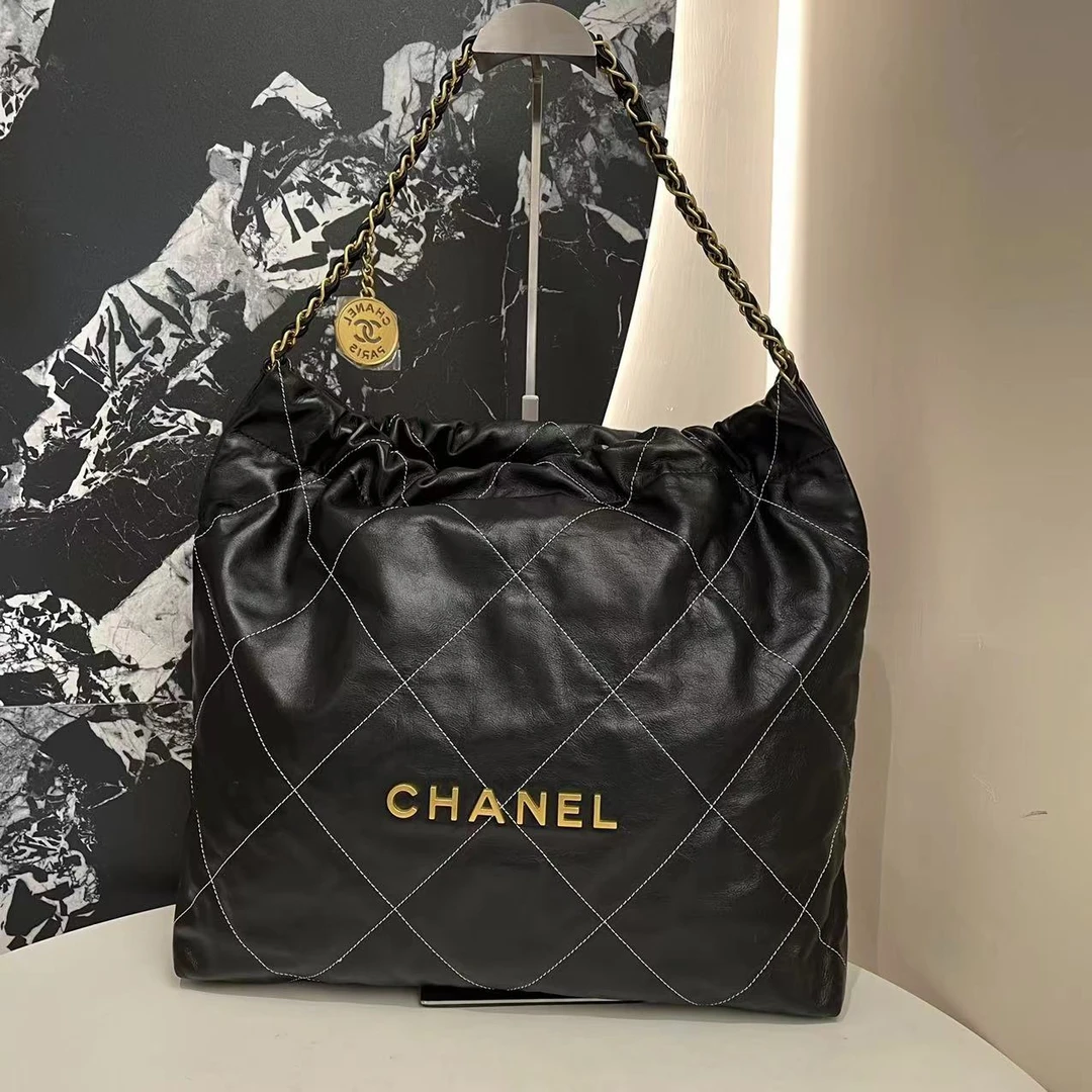 99新 Chanel/香奈儿 22K 白色外缝线黑金牛皮22bag中号 单肩包