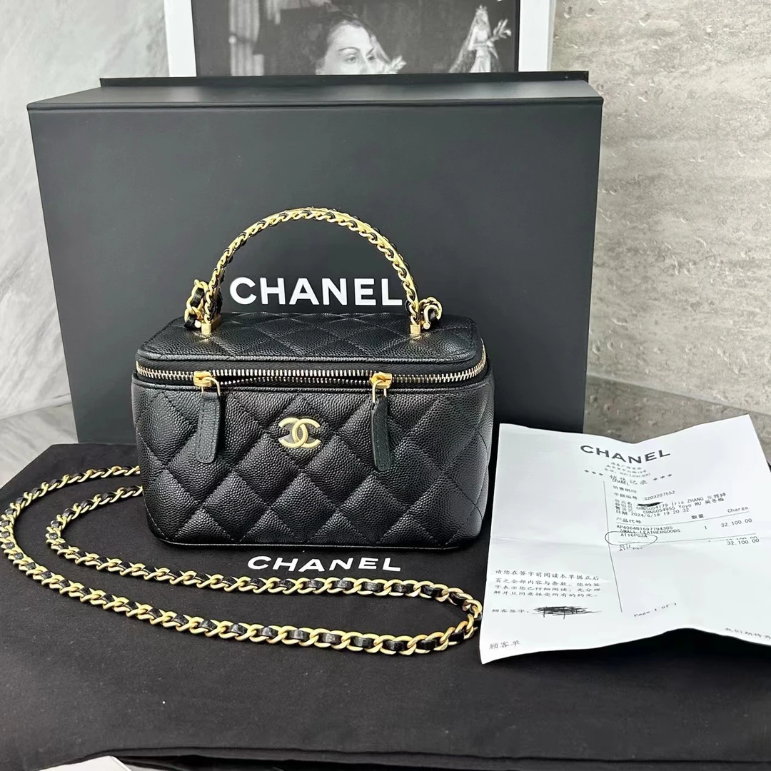 99新 Chanel/香奈儿 24A 黑金荔枝牛皮手提长盒子 斜挎包