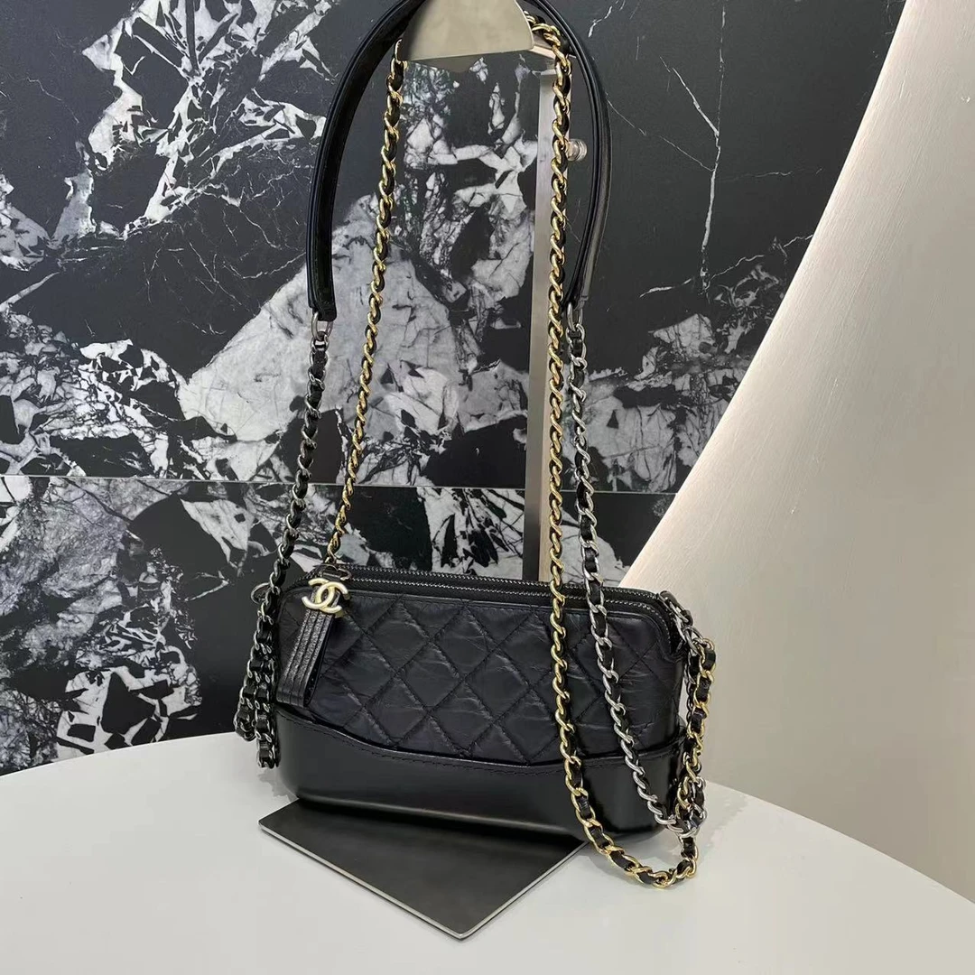 99新 Chanel/香奈儿 25开保卡 黑金牛皮mini流浪包 斜挎包