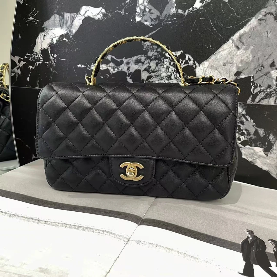 99新 Chanel/香奈儿 23k 黑金羊皮手提cf小号 斜挎包