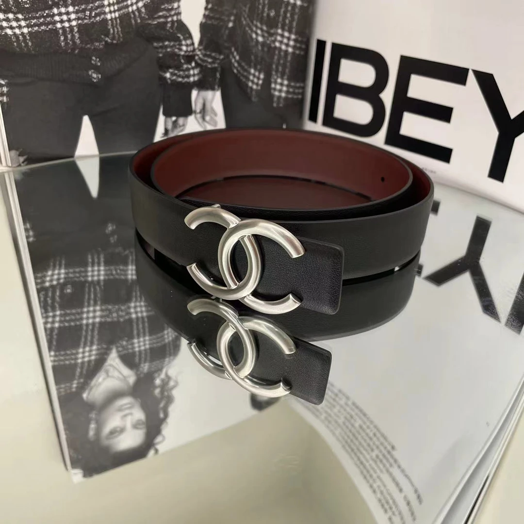 全新未使用 Chanel/香奈儿 经典款 黑拼暗红色银扣牛皮 皮带 腰带