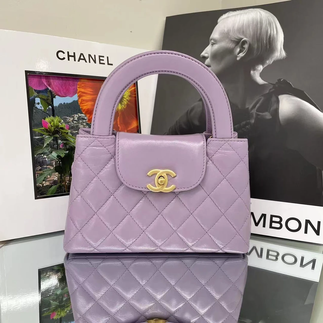 全新未使用 Chanel/香奈儿 24p紫色褶皱牛皮kelly大号 手提斜挎包