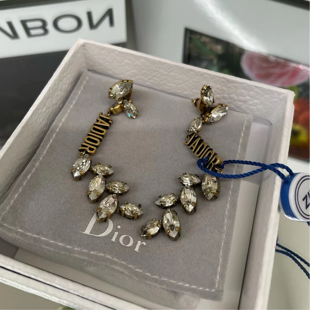 99新 DIOR/迪奥 复古做旧菱形水钻耳坠 耳钉