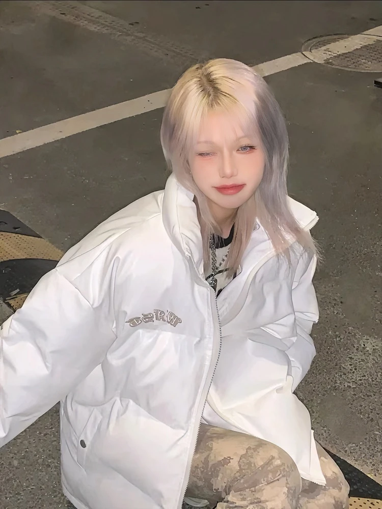 情侣款pu皮白色羽绒服女冬季新款加厚设计感小众面包服棉服 8020