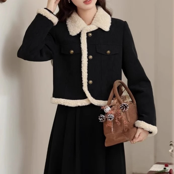 黑色法式小香风套装秋冬季新款灯芯绒夹棉外套半身裙两件套 8511