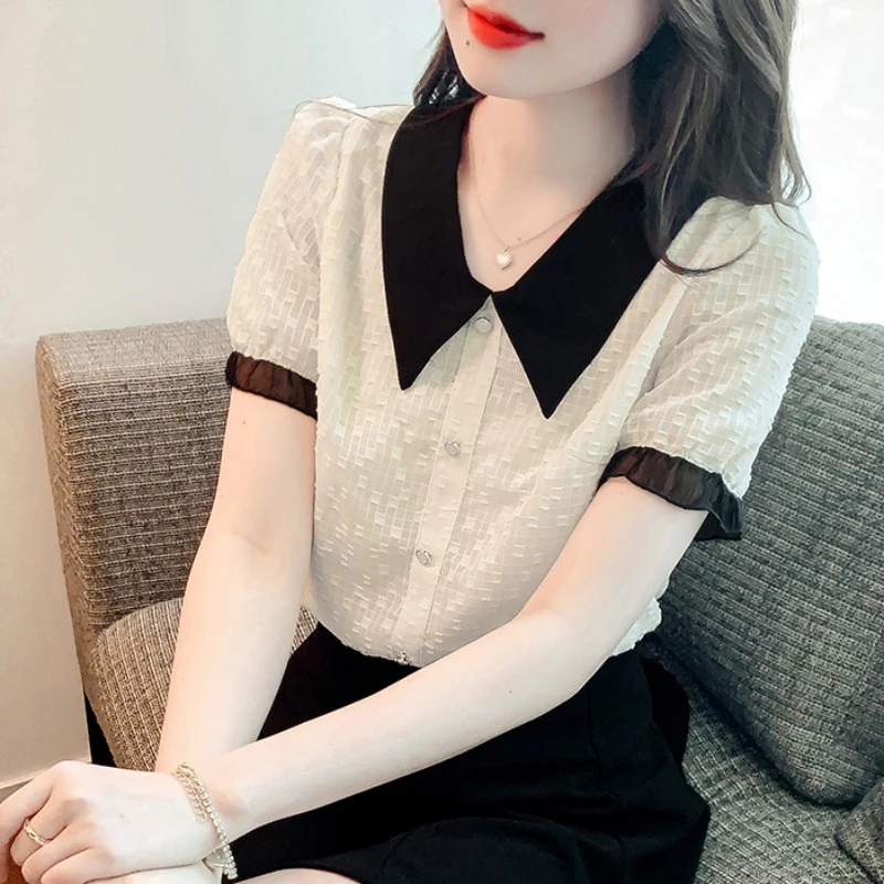 y040121 泡泡袖t恤短袖夏季上衣娃娃领衬衫女潮蕾丝雪纺衫 YL048