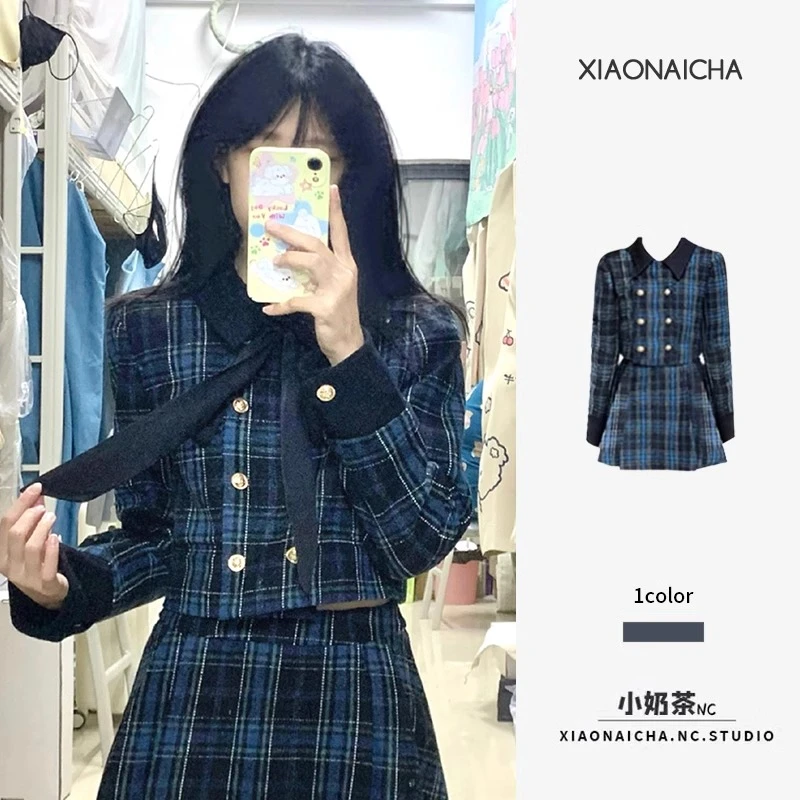 复古学院风格子套装秋季系带西装上衣高腰百褶半身裙两件套 8380