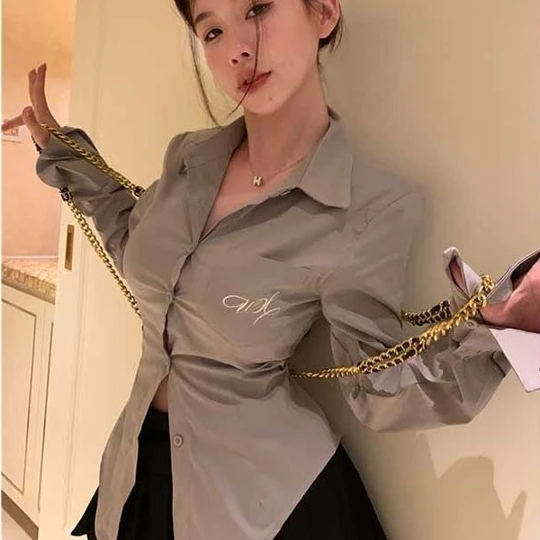 纯欲衬衫女设计感小众衬衣辣妹显瘦收腰紧身性感气质上衣 YL8172