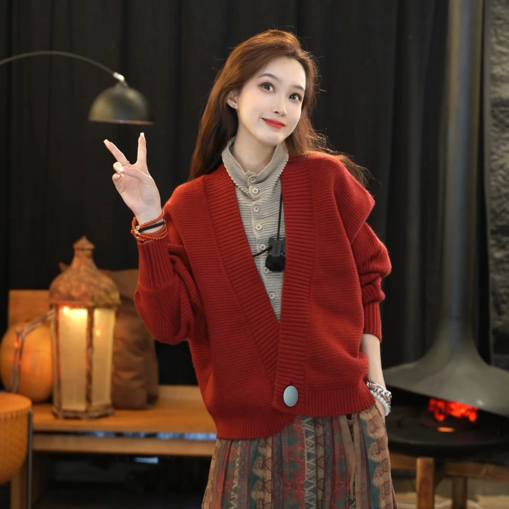 顾玖儿时尚百搭安哥拉红开衫外套#WS98355
