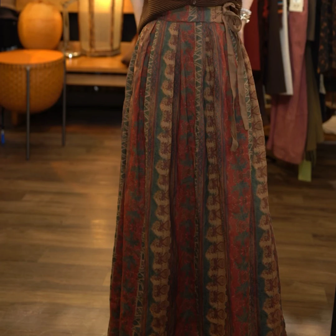 顾玖儿「吉普赛少女」苎麻腔调感撞色复古花纹半身裙#V206