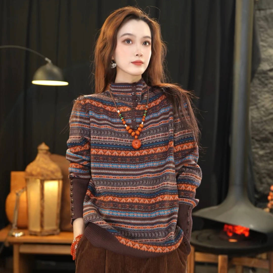 顾玖儿【植物染】精致点缀复古气质减龄花色条纹软糯毛织衫WL98705