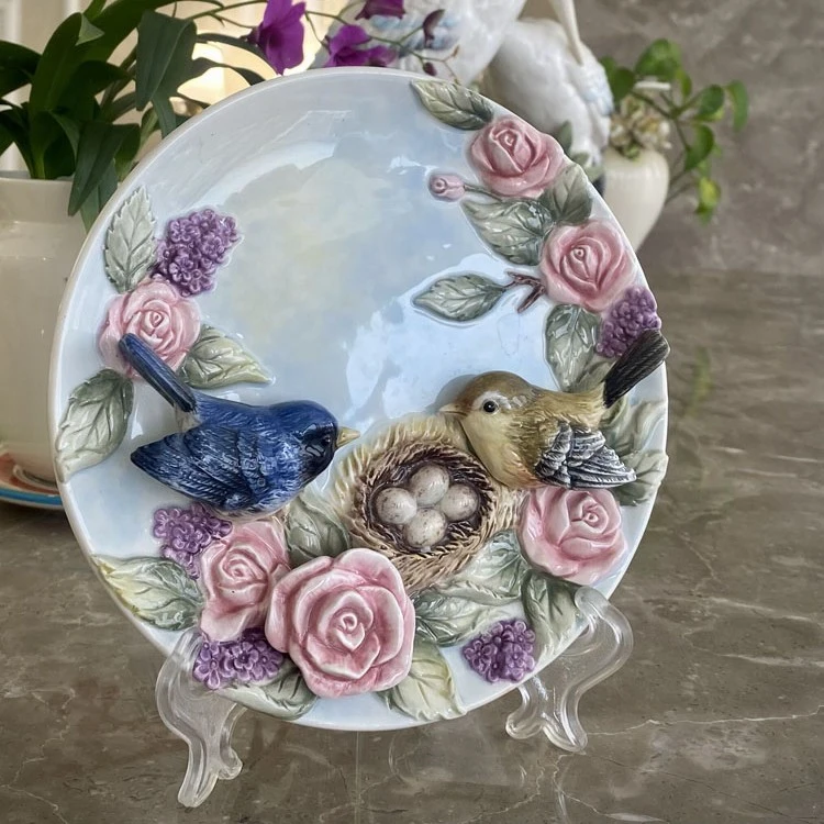 方亚扶桑花爱情鸟陶瓷8寸挂盘装饰盘摆盘家居饰品结婚礼品 配盘架
