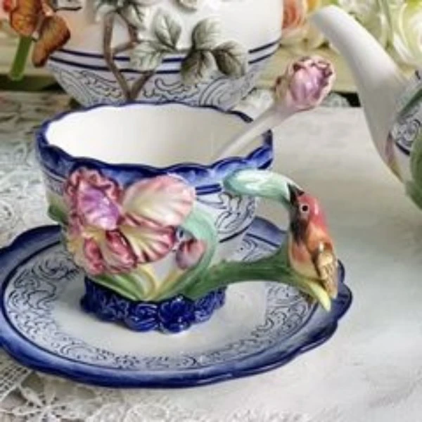 方亚品牌青花瓷爱丽丝花鸟陶瓷咖啡杯茶杯花茶杯奶杯水杯家居礼品
