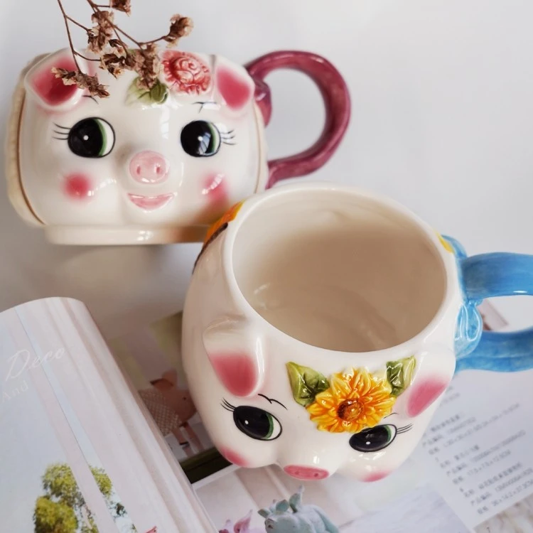 方亚陶瓷手绘釉下彩咖啡杯情侣可爱猪猪杯子生日礼物向日葵玫瑰花