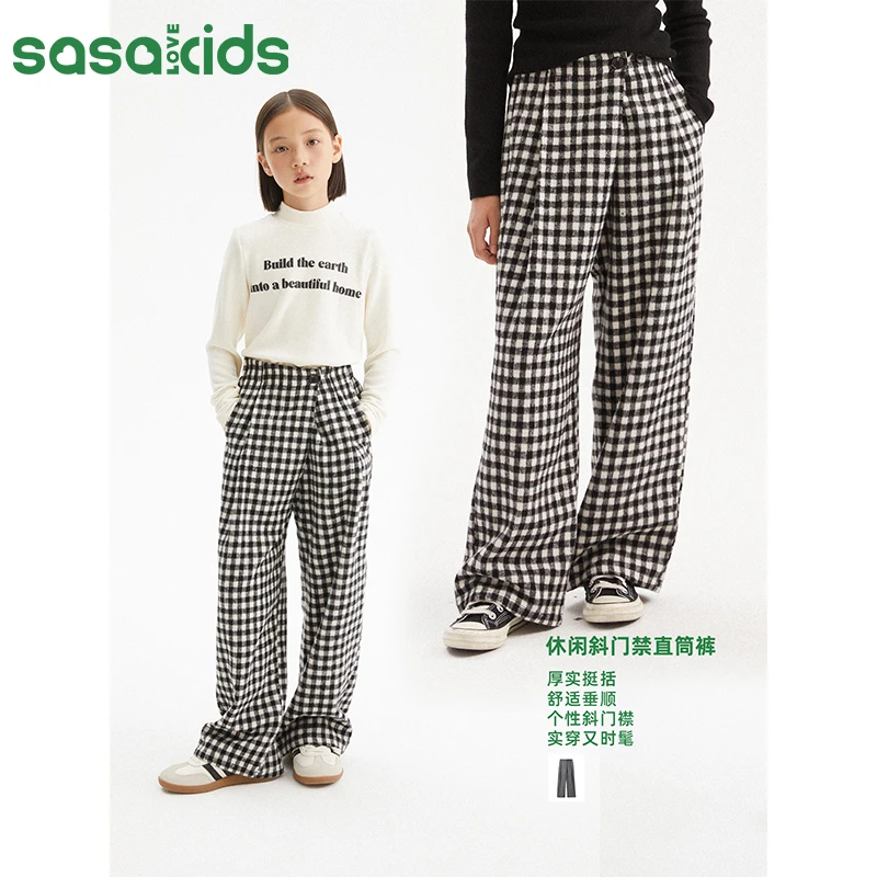 sasakids冬季复古格纹斜门襟不对称文艺黑白格直筒阔呢料女童裤子