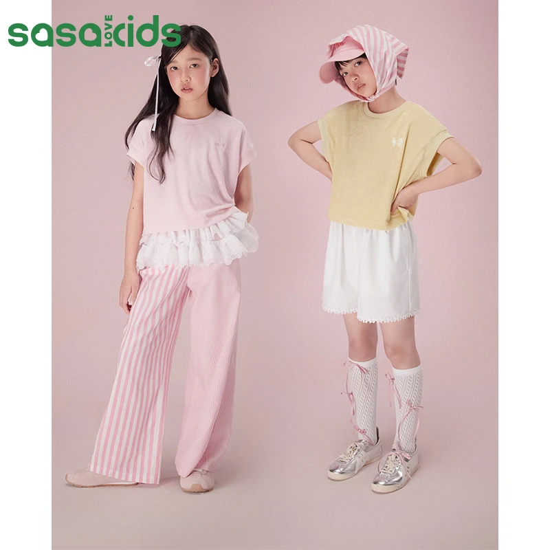 sasakids 薄毛巾料圆领无袖宽松卫衣T恤针织薄款女童夏装