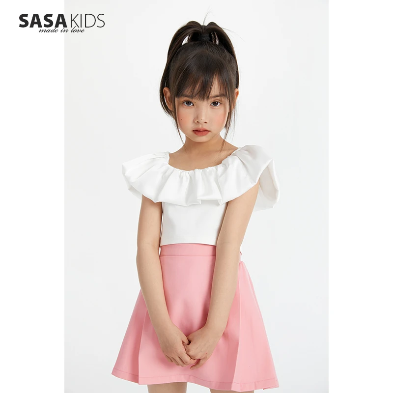 LOVESASAKIDS 荷叶泡泡领拼接螺纹短袖合身女童夏款简约百搭小衫