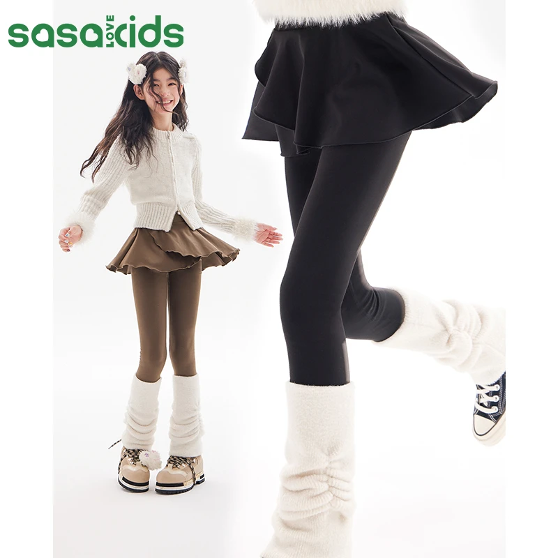 sasakids 加绒瑜伽裙裤细腻温暖外穿假两件运动修身不规则女童装