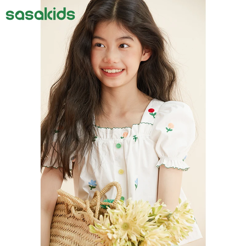 sasakids法式泡泡袖曲牙工艺绣花小衫+元气阔腿裙裤