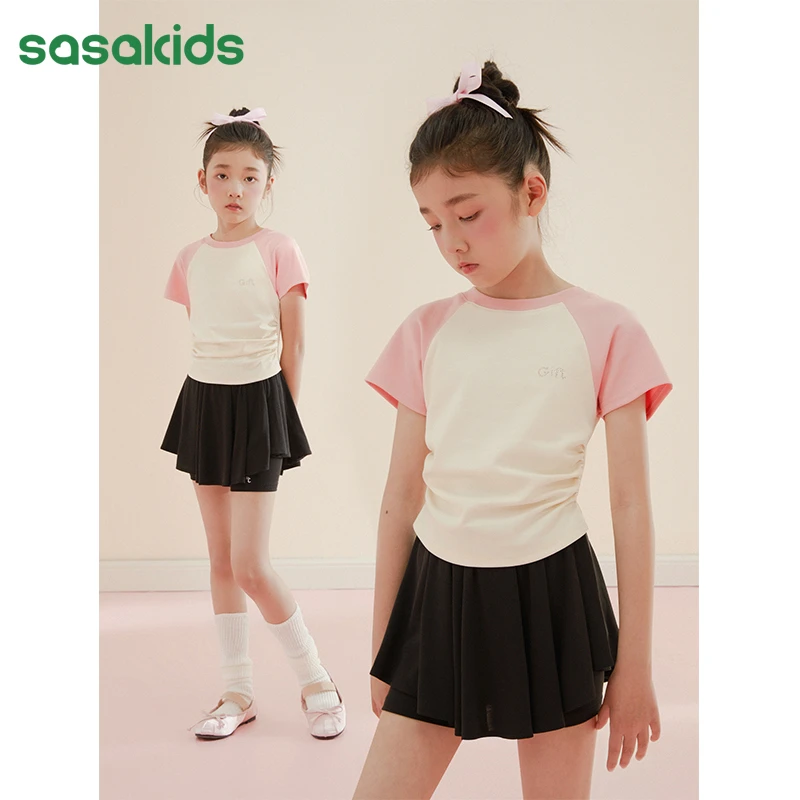 sasakids  插肩袖GIFT烫钻T恤女童夏季新款皱感短袖