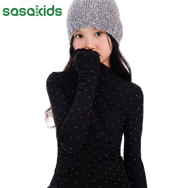 sasakids270g高克重粘纤随心裁打底衫 立体烫钻木耳边合身打底衫