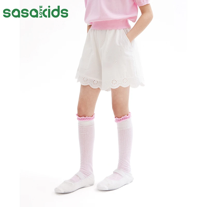 sasakids夏季宽松镂空花朵花边A字短裤透气排汗亲肤棉舒适松紧腰