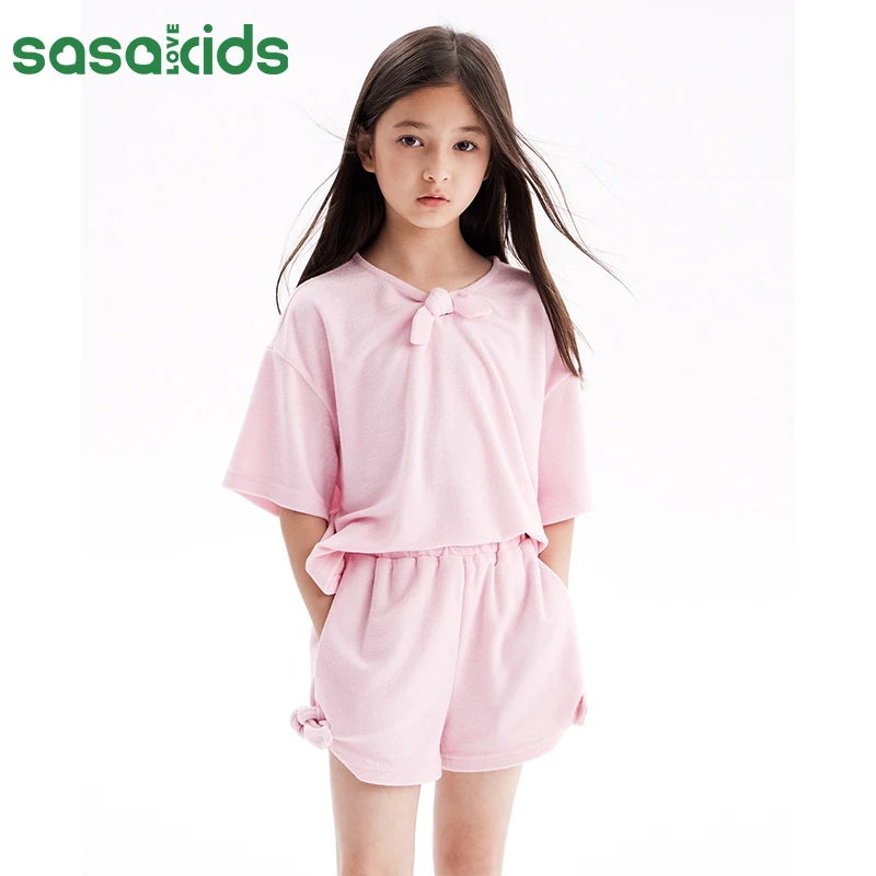 sasakids女童可拆卸蝴蝶结立体打结宽松家居T恤短裤夏季舒适套装