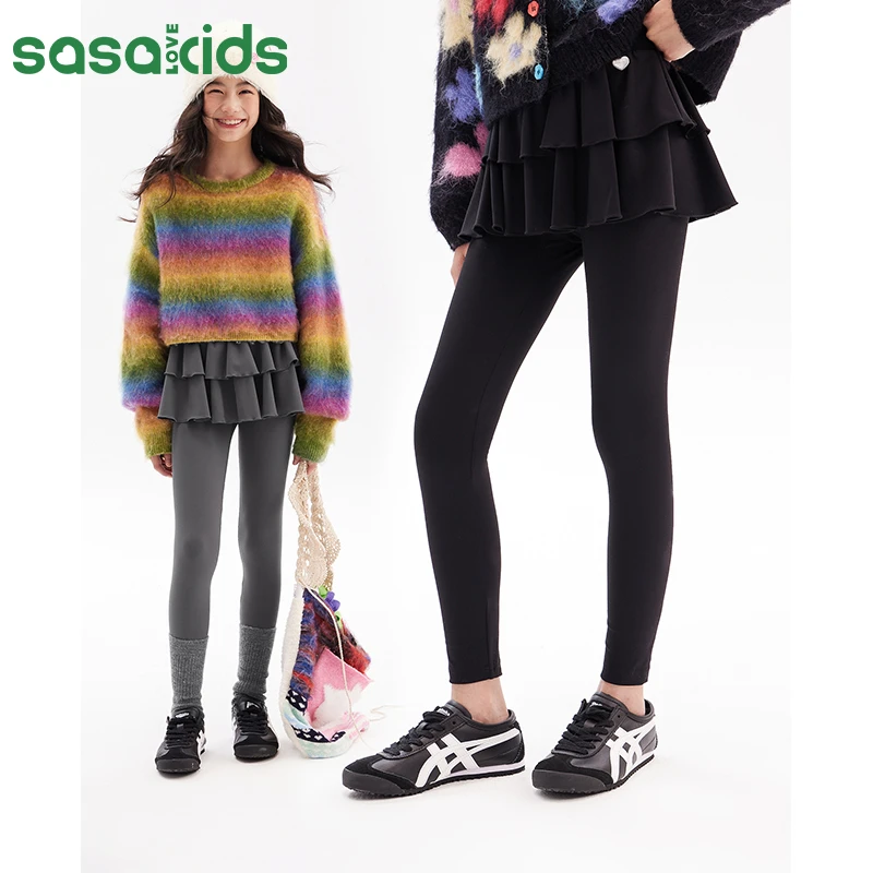 sasakids【彩色系列】奶油感双面加厚假两件休闲蛋糕裙裤女童装高腰