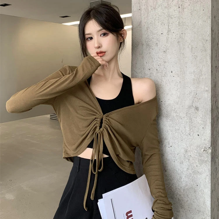 夏季新款修身背心挂脖小吊带纯欲风v领短款防晒衫辣妹两件套装女