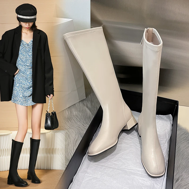 2025秋冬新款白色时尚低跟粗跟骑士瘦瘦长靴女小个子不过膝长筒靴