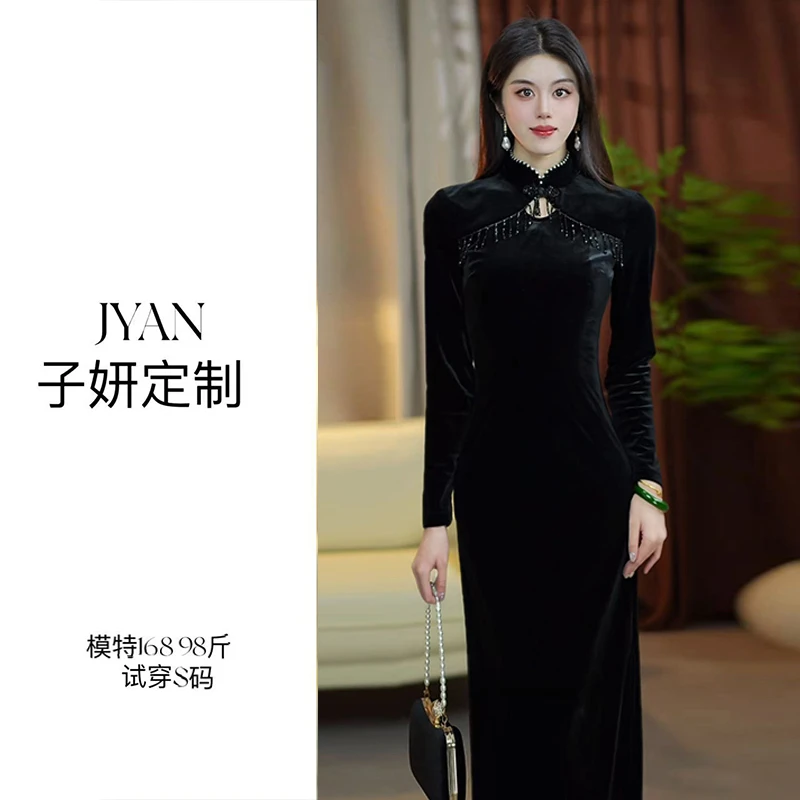 【琉璃】JYAN子妍定制复古黑色秋冬中国风国风旗袍加厚中长款气质