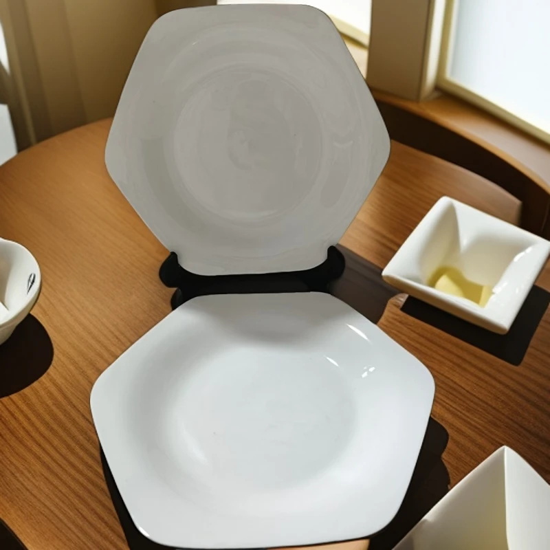 家用高档纯白黑边陶瓷骨瓷8英寸六边盘6只装创意加深汤盘异形方盘