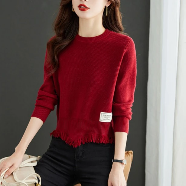 流苏短款毛衣女秋冬2023新款时尚高腰上衣小个子半高领针织打底衫
