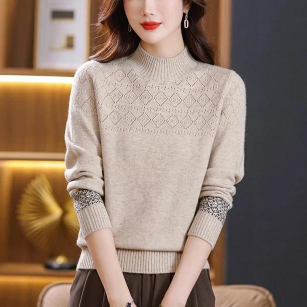 【羊毛衫】毛衣女半高领针织衫短款秋冬短款提花加厚高领毛衣打底衫
