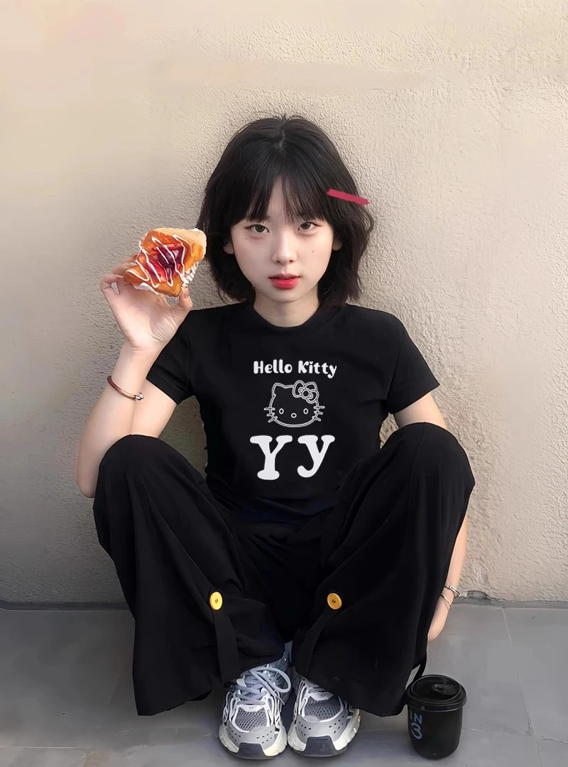美式街头潮牌凯蒂猫短袖t恤女夏季修身甜美短款上衣潮显瘦百搭ins