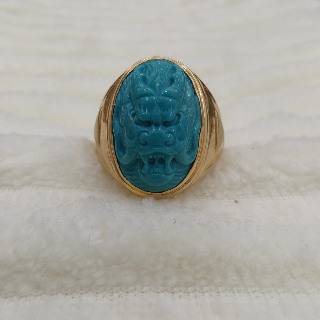 绿松石18K金镶嵌精美21.5圈口戒指