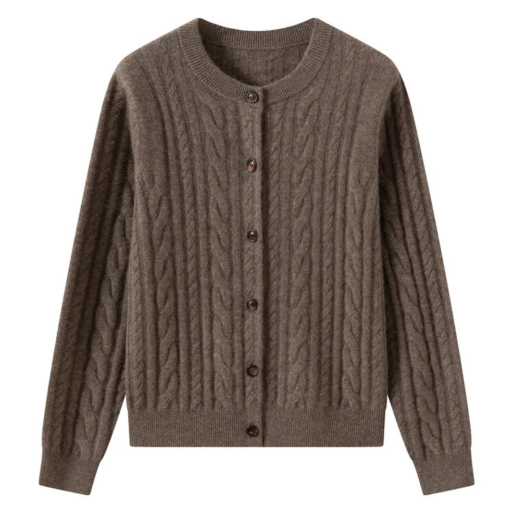 牦牛绒纯色圆领气质扭花羊毛绒休闲针织开衫女宽松外搭24053