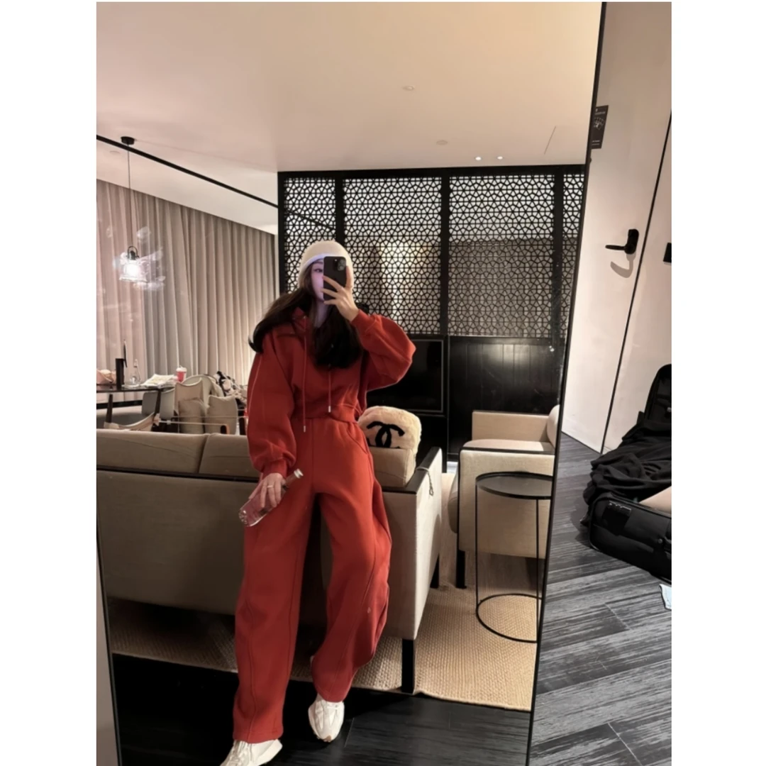 红色高级感时尚休闲套装女加厚秋冬新款韩版气质两件套装一整套潮