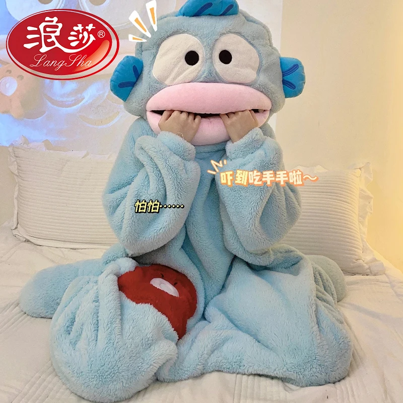 浪莎比目鱼睡衣加厚保暖珊瑚绒卡通搞怪连体衣女冬季睡袍汉顿睡衣